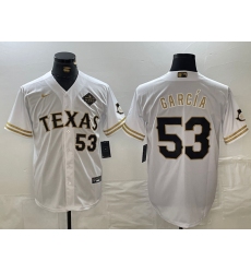 Men's Texas Rangers #53 Adolis Garcia Number White Gold Cool Base Stitched Baseball Jersey