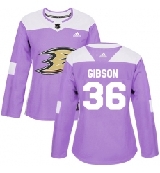 Women's Adidas Anaheim Ducks #36 John Gibson Authentic Purple Fights Cancer Practice NHL Jersey