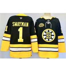 Men's Boston Bruins #1 Jeremy Swayman Black 100th Anniversary Stitched Hockey Jersey