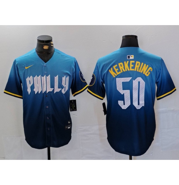 Men's Philadelphia Phillies #50 Orion Kerkering Blue 2024 City Connect Limited Stitched Jersey
