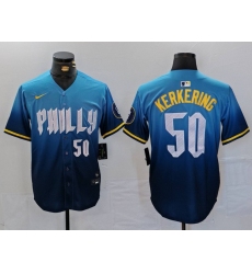 Men's Philadelphia Phillies #50 Orion Kerkering Number Blue 2024 City Connect Limited Stitched Jersey