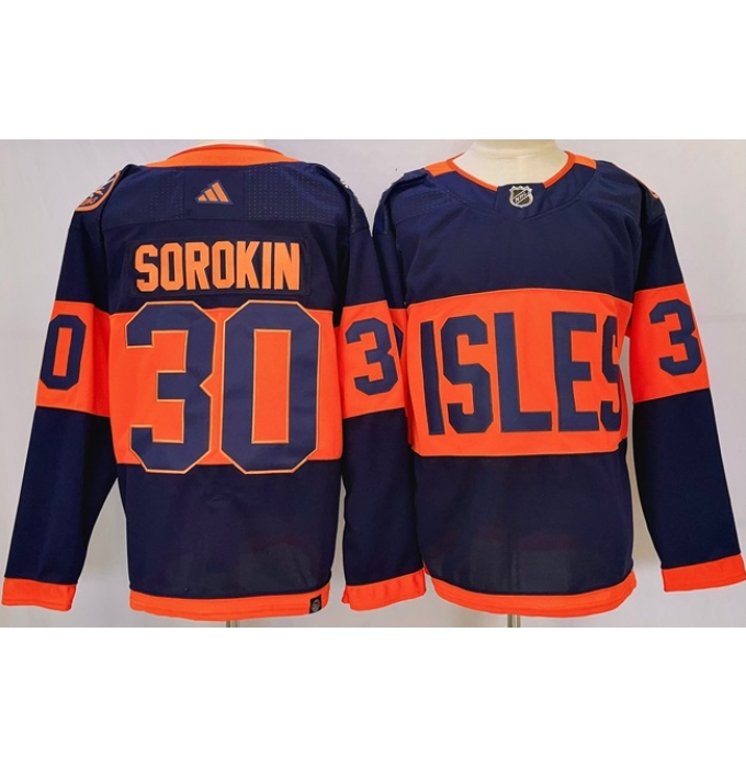 Men's New York Islanders #30 Ilya Sorokin Navy 2024 With Stadium Series Stitched Jersey