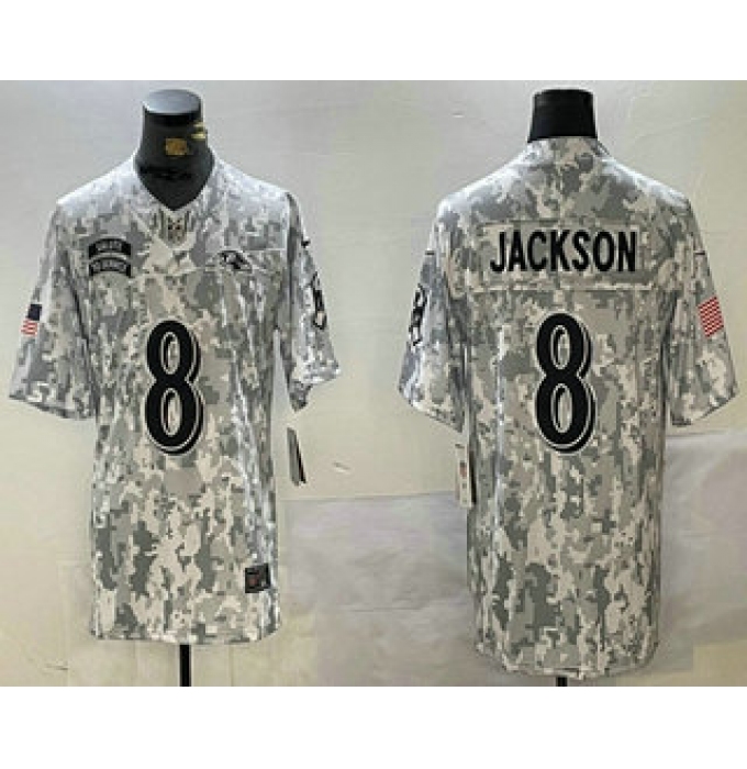 Men's Baltimore Ravens #8 Lamar Jackson Arctic Camo 2024 FUSE Salute to Service Limited Stitched Jersey