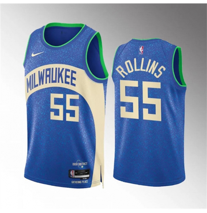 Men's Milwaukee Bucks #55 Ryan Rollins 2023-24 Blue City Edition Stitched Basketball Jersey