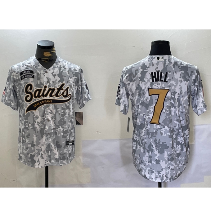 Men's New Orleans Saints #7 Taysom Hill Arctic Camo 2024 Salute to Service Stitched Baseball Jersey