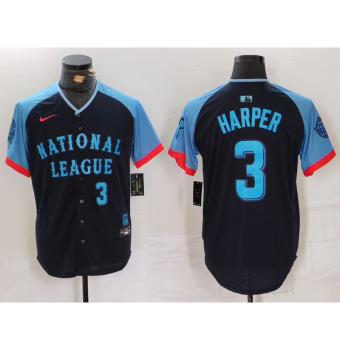 Men's Philadelphia Phillies #3 Bryce Harper Number Navy 2024 All Star Limited Stitched Jersey