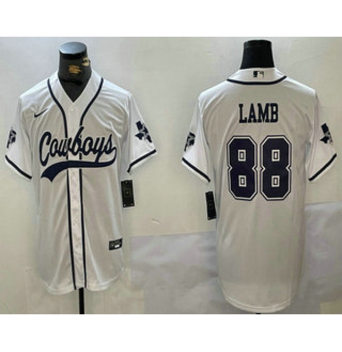 Men's Dallas Cowboys #88 CeeDee Lamb White With Navy Name Cool Base Stitched Baseball Jersey