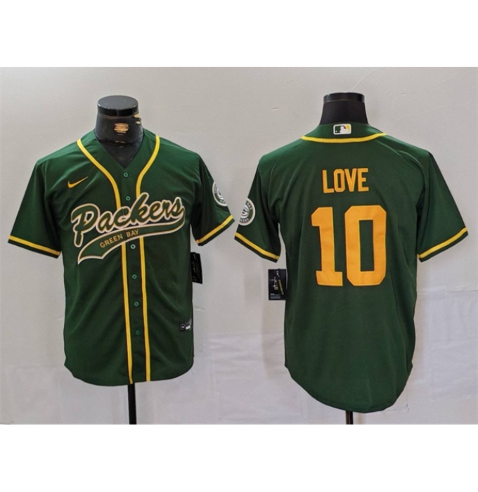 Men's Green Bay Packers #10 Jordan Love Green Cool Base Stitched Baseball Jersey