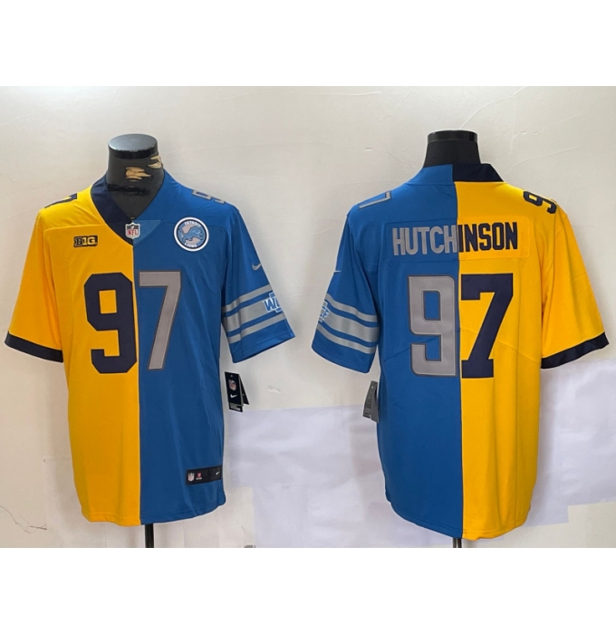 Men's Detroit Lions #97 Aidan Hutchinson Yellow Blue Split Vapor Limited Stitched Jersey