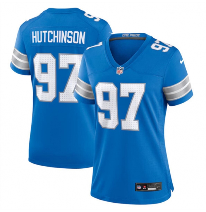 Women's Detroit Lions #97 Aidan Hutchinson Blue Stitched Jersey(Run Smaller)