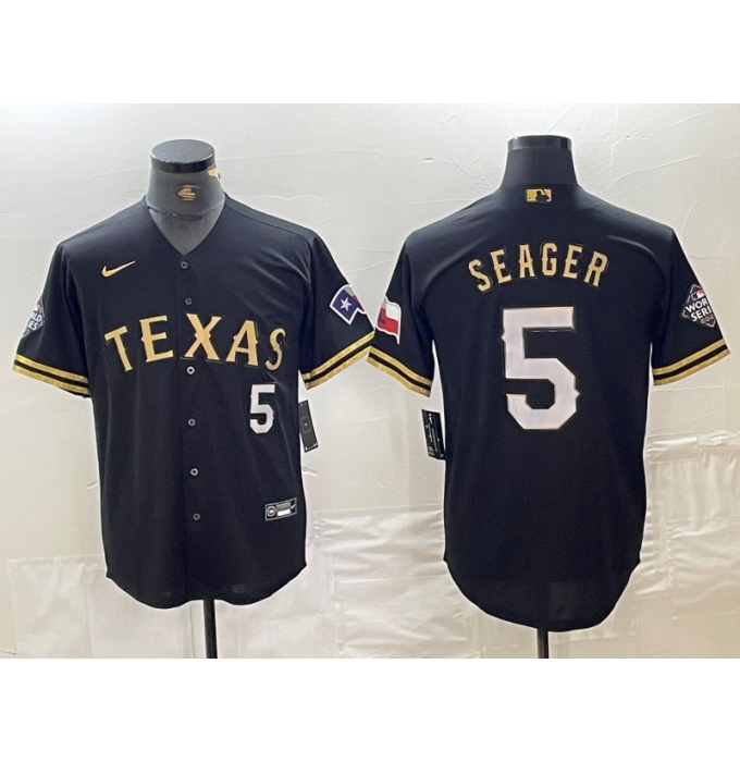 Men's Texas Rangers #5 Corey Seager Number Black Gold Cool Base Stitched Baseball Jersey