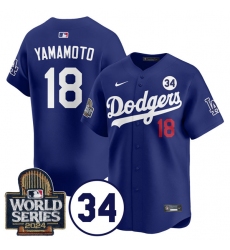 Men's Los Angeles Dodgers #18 Yoshinobu Yamamoto Royal 2024 World Series With No. 34 Cool Base Stitched Baseball Jersey