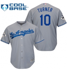 Youth Majestic Los Angeles Dodgers #10 Justin Turner Authentic Grey Road 2017 World Series Bound Cool Base MLB Jersey