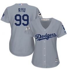 Women's Majestic Los Angeles Dodgers #99 Hyun-Jin Ryu Replica Grey Road 2017 World Series Bound Cool Base MLB Jersey