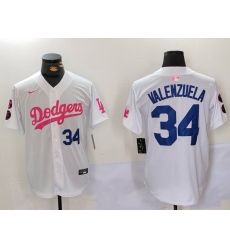 Men's Los Angeles Dodgers #34 Fernando Valenzuela White Pink Vin & Kobe Stitched Baseball Jerseys