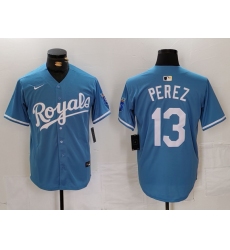 Men's Kansas City Royals #13 Salvador Perez Light Blue Cool Base Stitched Jersey
