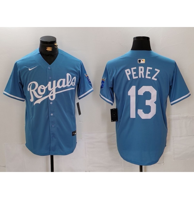 Men's Kansas City Royals #13 Salvador Perez Light Blue Cool Base Stitched Jersey