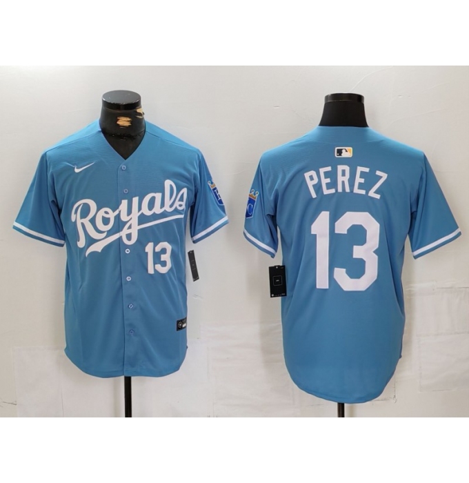 Men's Kansas City Royals #13 Salvador Perez Number Light Blue Cool Base Stitched Jersey