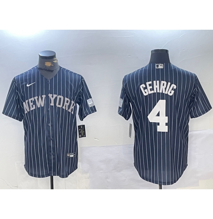 Men's New York Yankees #4 Lou Gehrig Navy Pinstripe Fashion Cool Base Jersey