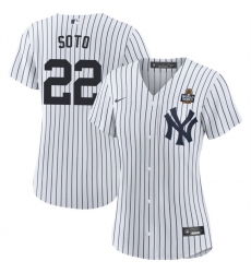 Women's New York Yankees #22 Juan Soto White 2024 World Series With Name Cool Base Stitched Baseball Jersey(Run Small)