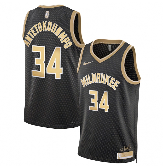 Men's Milwaukee Bucks #34 Giannis Antetokounmpo Black Gold 2024 Select Series Stitched Jersey