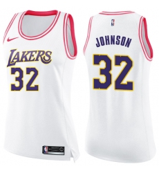 Women's Nike Los Angeles Lakers #32 Magic Johnson Swingman White/Pink Fashion NBA Jersey