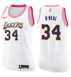 Women's Nike Los Angeles Lakers #34 Shaquille O'Neal Swingman White/Pink Fashion NBA Jersey