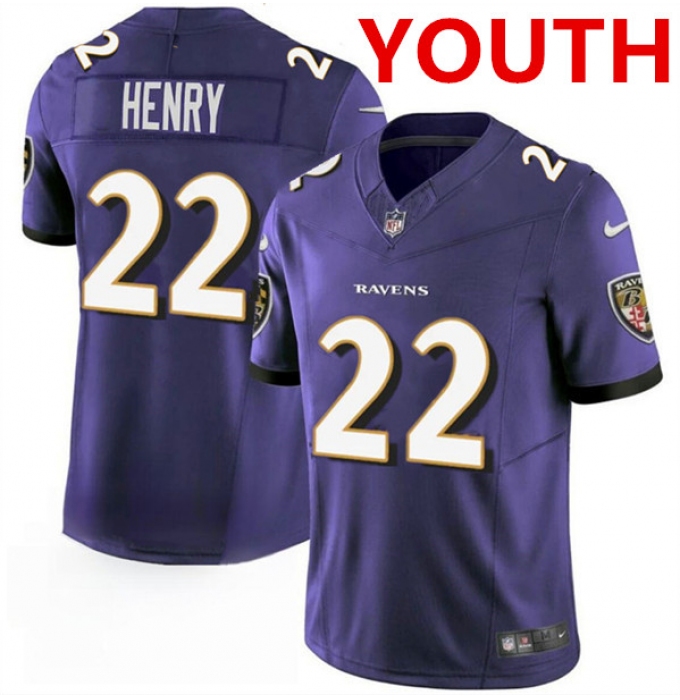 Youth Baltimore Ravens #22 Derrick Henry Purple 2023 F.U.S.E. Football Stitched Jersey